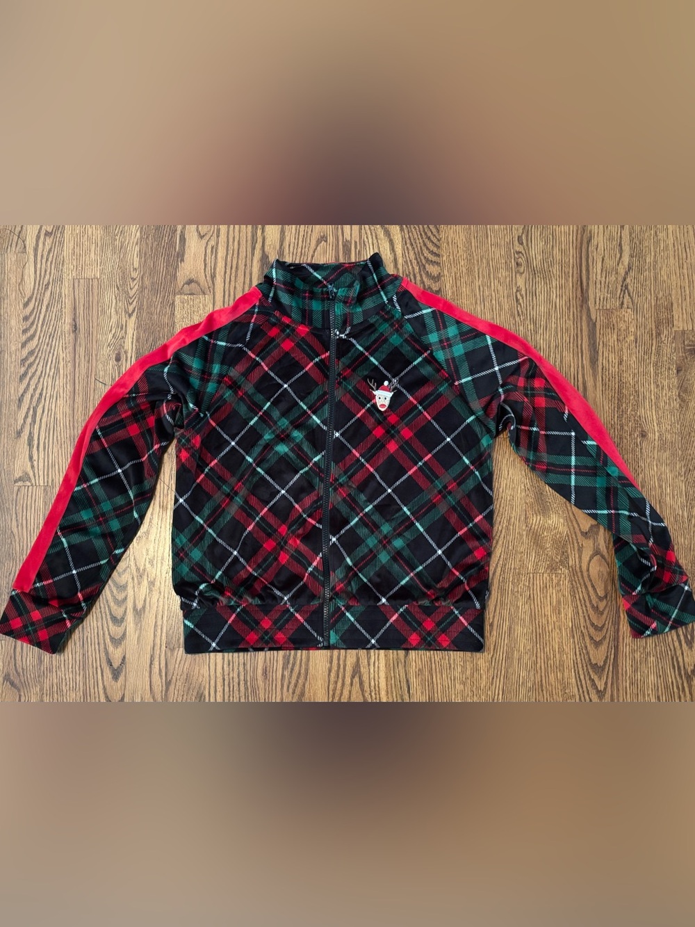 No Boundaries Christmas Plaid Track Jacket Sequin Reindeer Junior L / Womens M